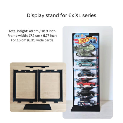 Display stand for 6 XL series Hot Wheels cards, shown with total height and frame parts.
