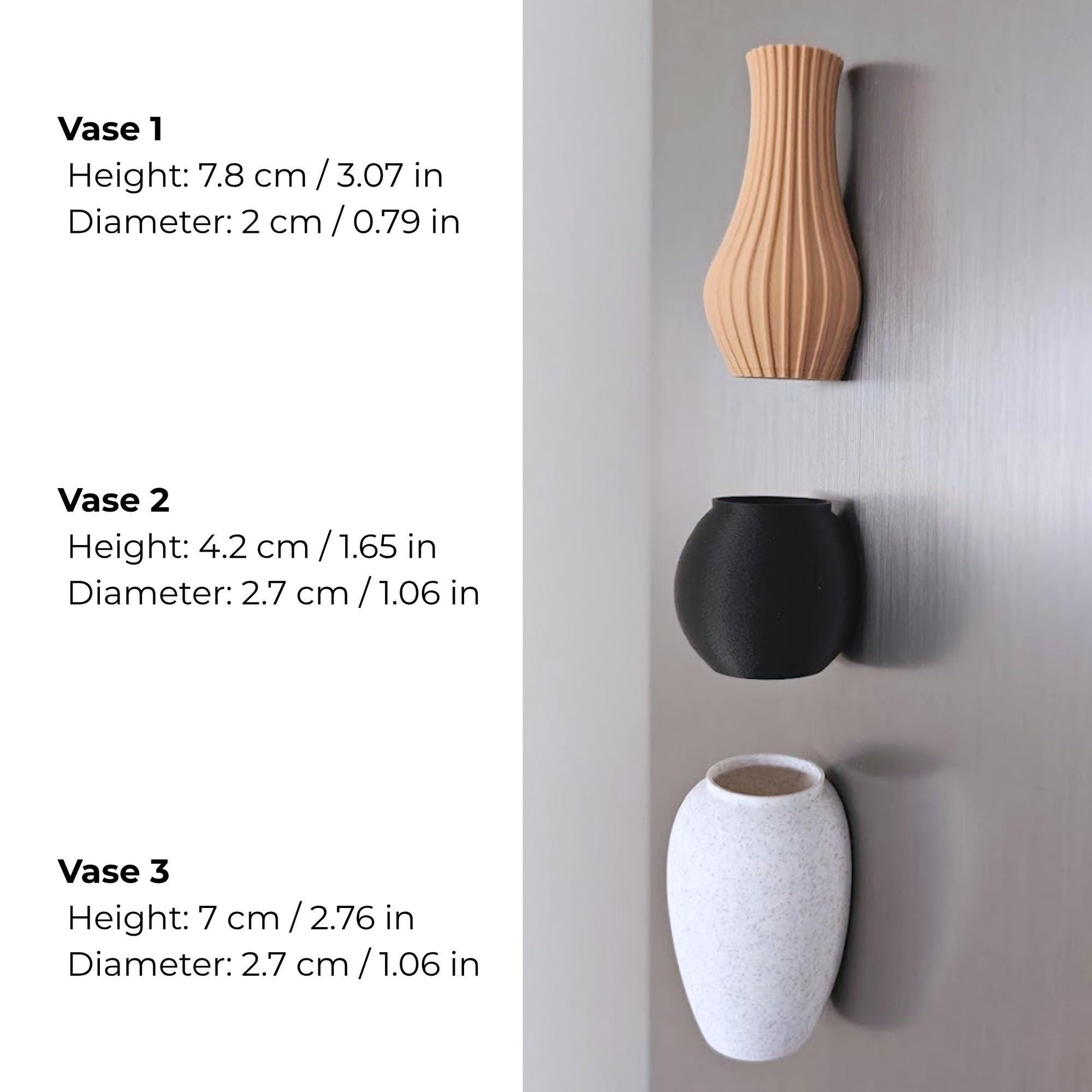 Size guide for three mini magnetic vases with metric and inch measurements.
