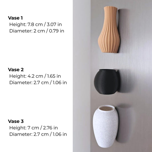Size guide for three mini magnetic vases with metric and inch measurements.