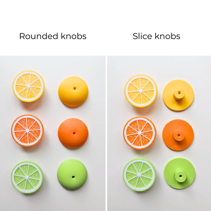 Comparison of rounded citrus knobs and slice citrus knobs in lemon, orange, and lime designs.