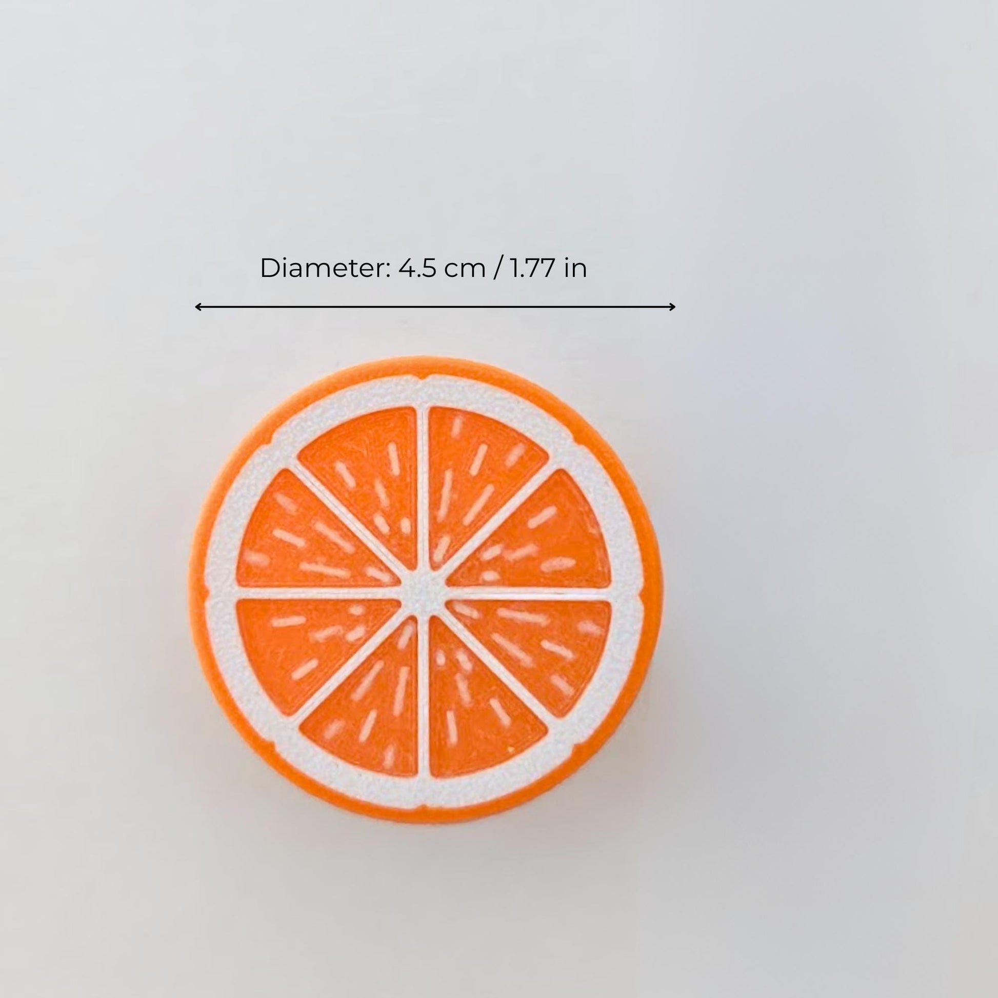 Orange citrus slice knob close-up with diameter measurement, approx. 4.5 cm / 1.77 in.