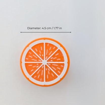 Orange citrus slice knob close-up with diameter measurement, approx. 4.5 cm / 1.77 in.