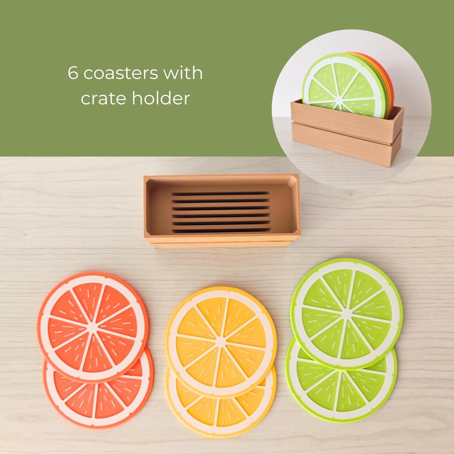 Set of 6 citrus coasters with crate holder, showing two orange, two lemon and two lime coasters.