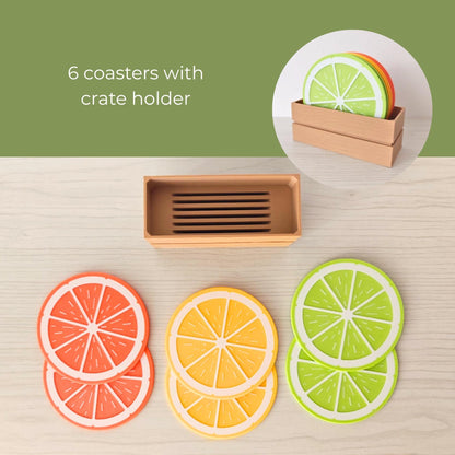 Set of 6 citrus coasters with crate holder, showing two orange, two lemon and two lime coasters.