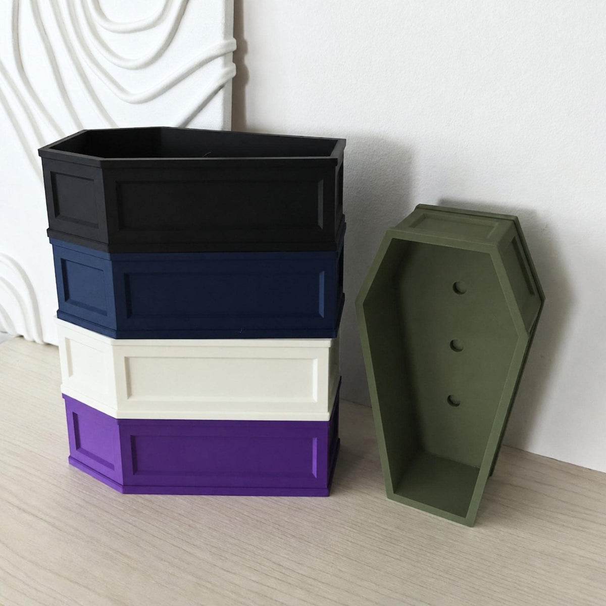 Colorful coffin pots - black, dark blue, white, purple and dark green
