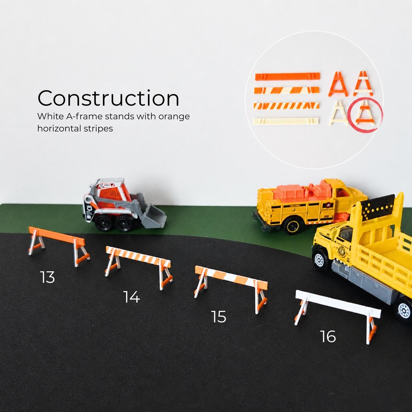 White construction A-frame stands with orange striped barricade bars and roadwork vehicle scene