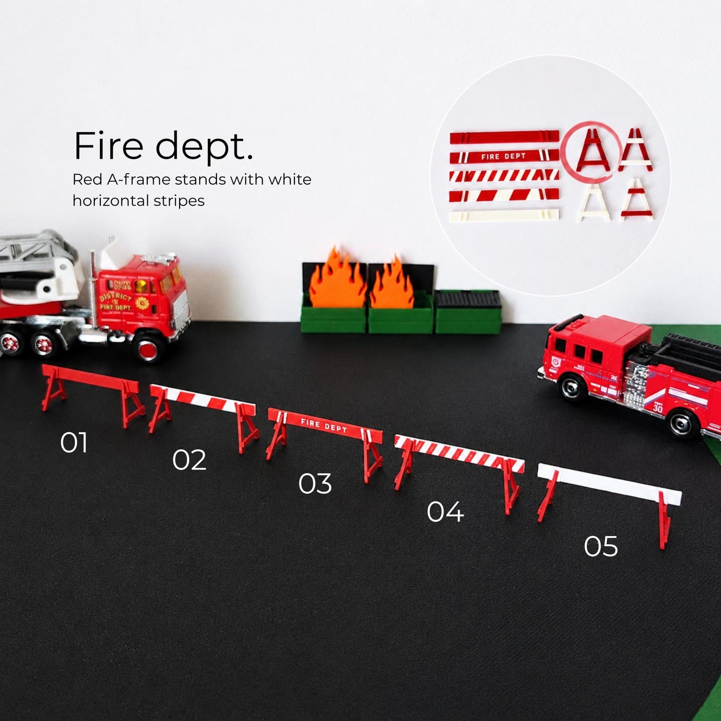Red fire department A-frame barricades and white striped barriers for miniature emergency dioramas