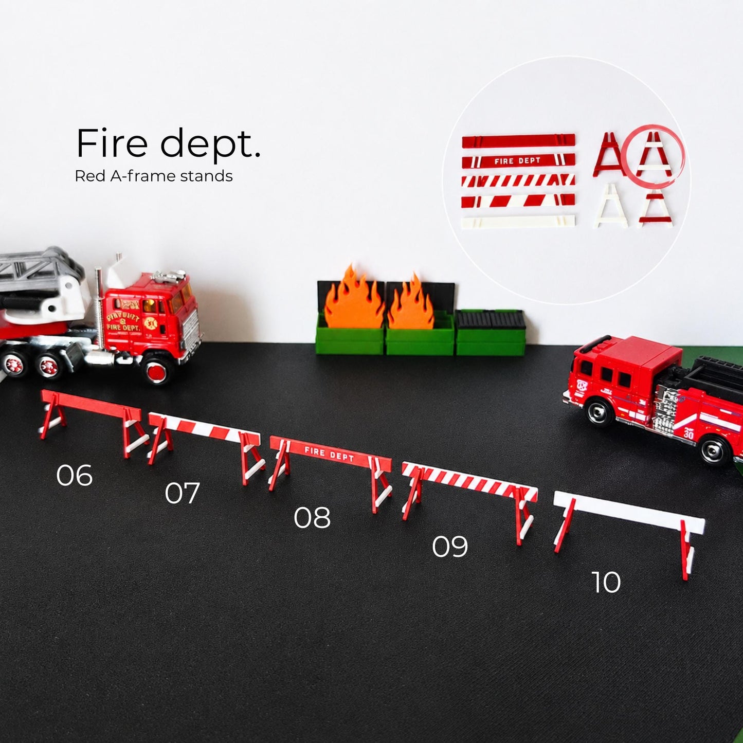 Fire dept roadblock barriers with red A-frame stands and fire truck scene in 1:64 scale