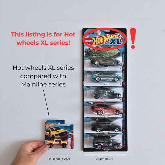 Wall Mount or Stand for Hot Wheels showing size comparison between Hot Wheels Mainline cards and 16 cm wide XL cards.