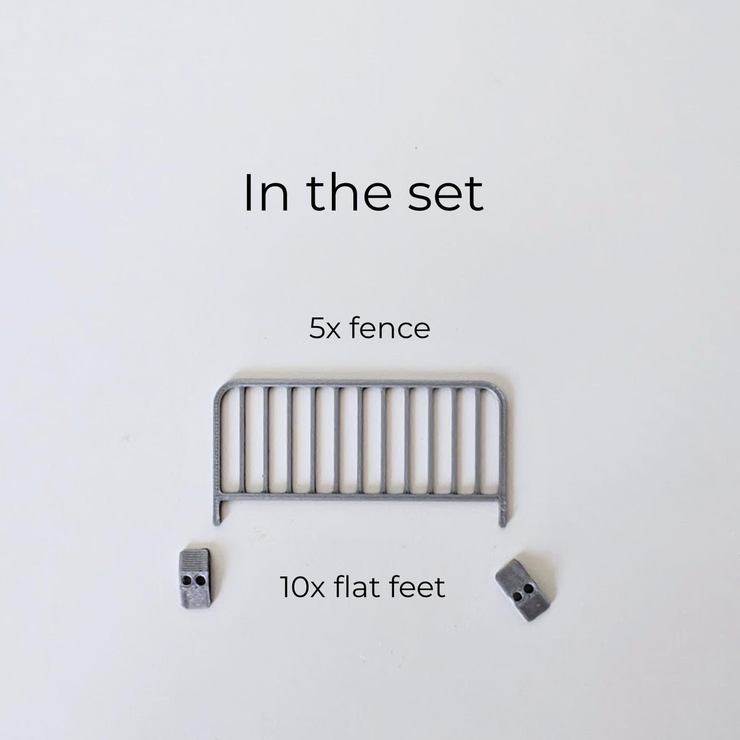 Set contents image showing 5 miniature fence panels and 10 flat feet for assembling crowd control barricades.