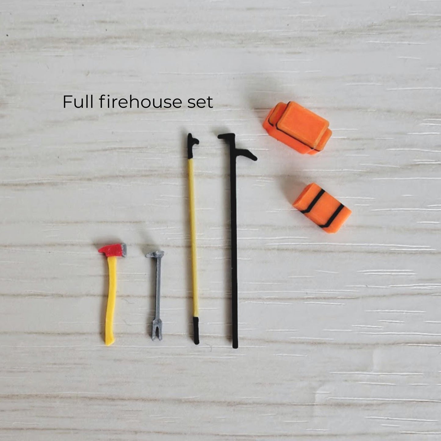 3D printed firefighter rescue tools set including axe, halligan bars, pike poles and medical bags