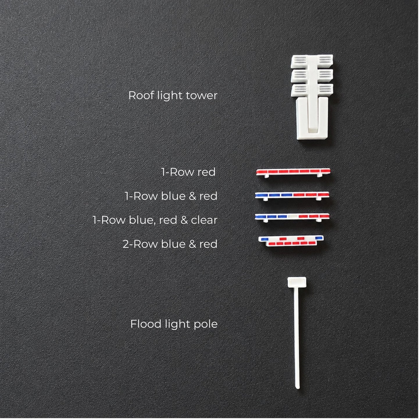 Miniature emergency roof light variations with light tower and flood light pole on black background