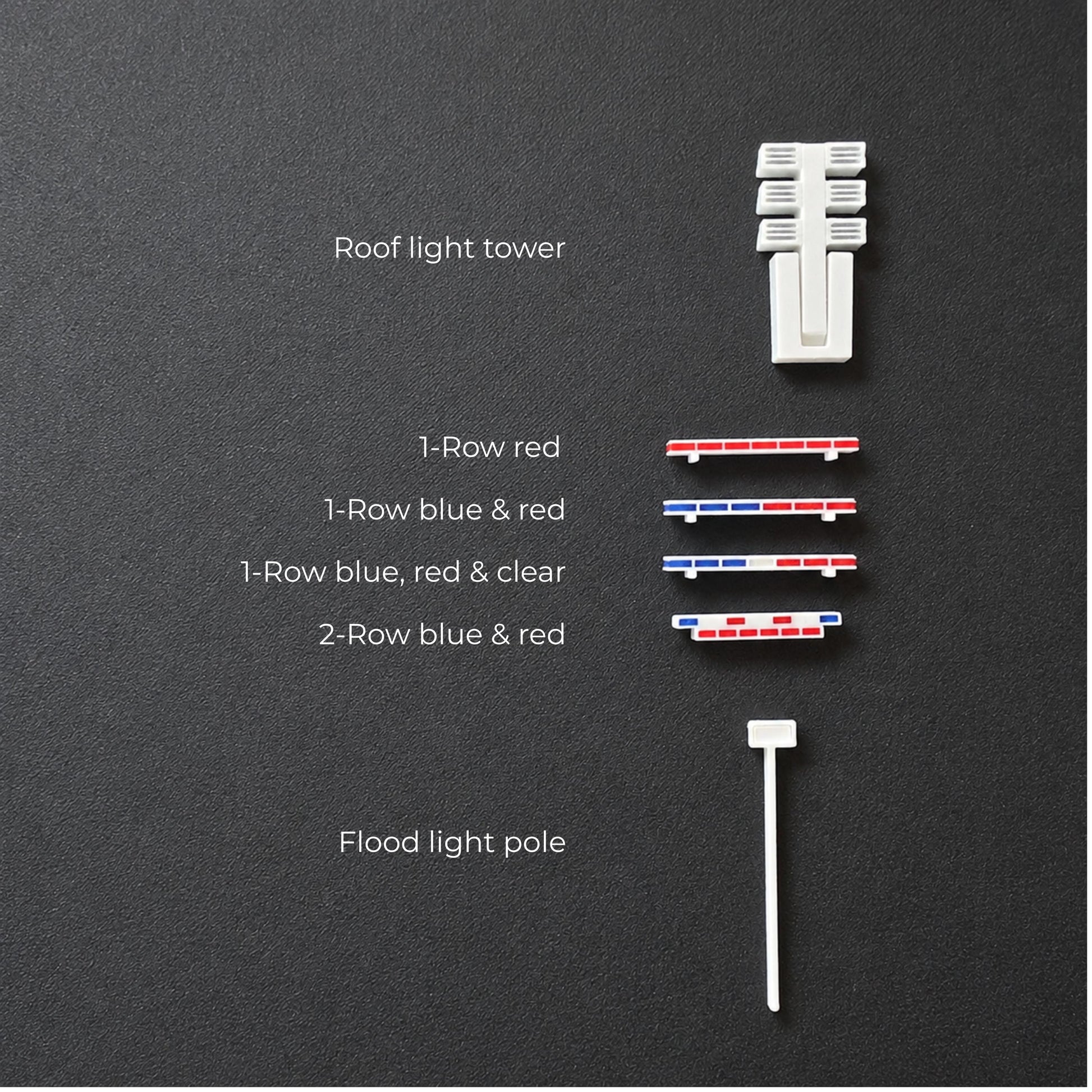 Miniature emergency roof light variations with light tower and flood light pole on black background