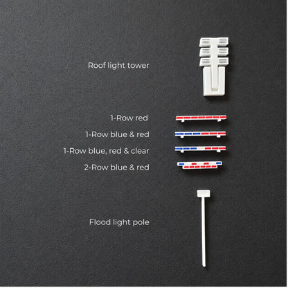 Miniature emergency roof light variations with light tower and flood light pole on black background