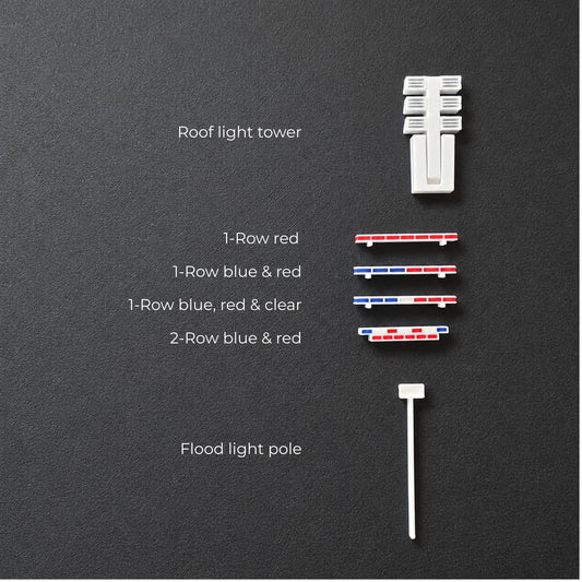 Miniature emergency roof light variations with light tower and flood light pole on black background