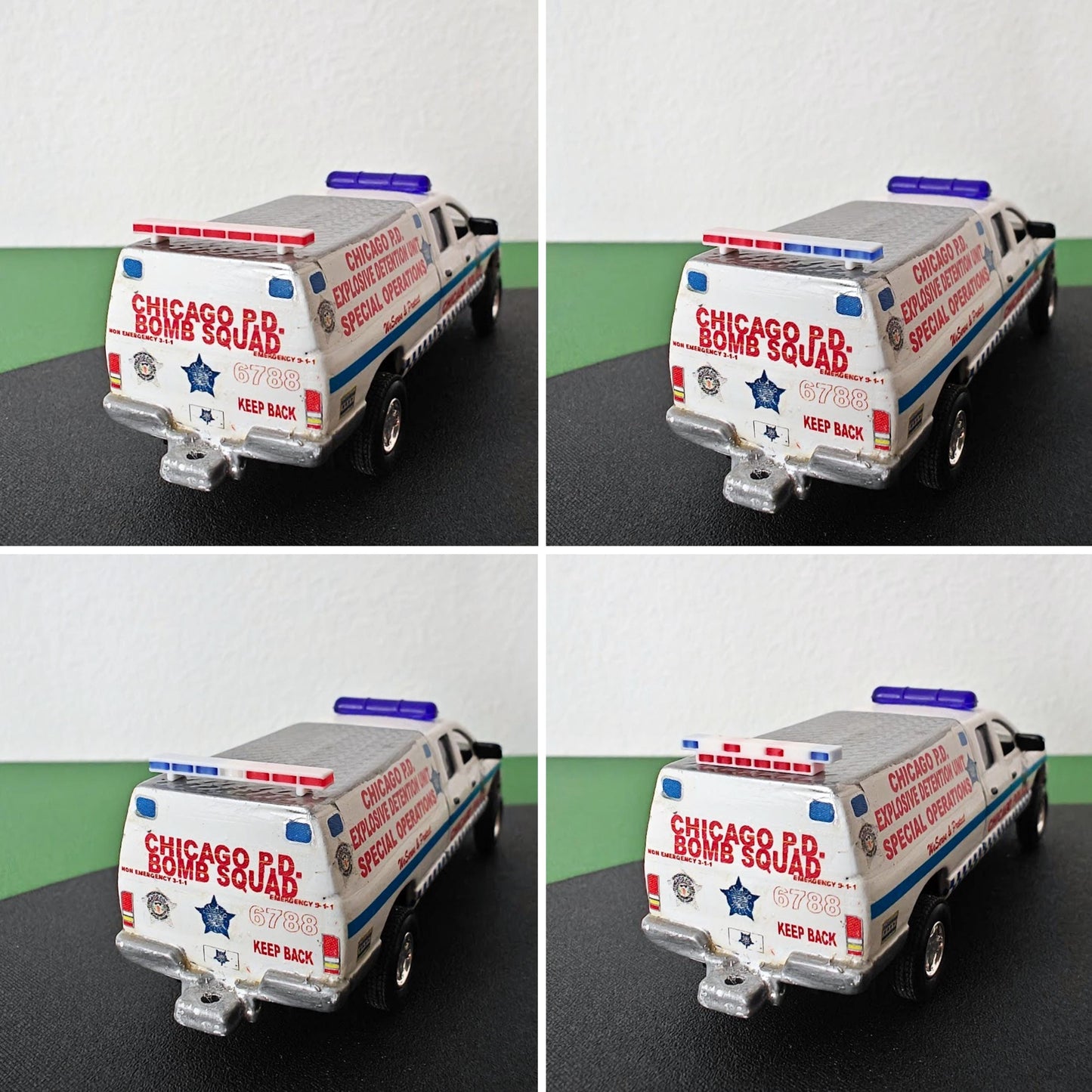 Four emergency roof light color variations displayed on a miniature police vehicle