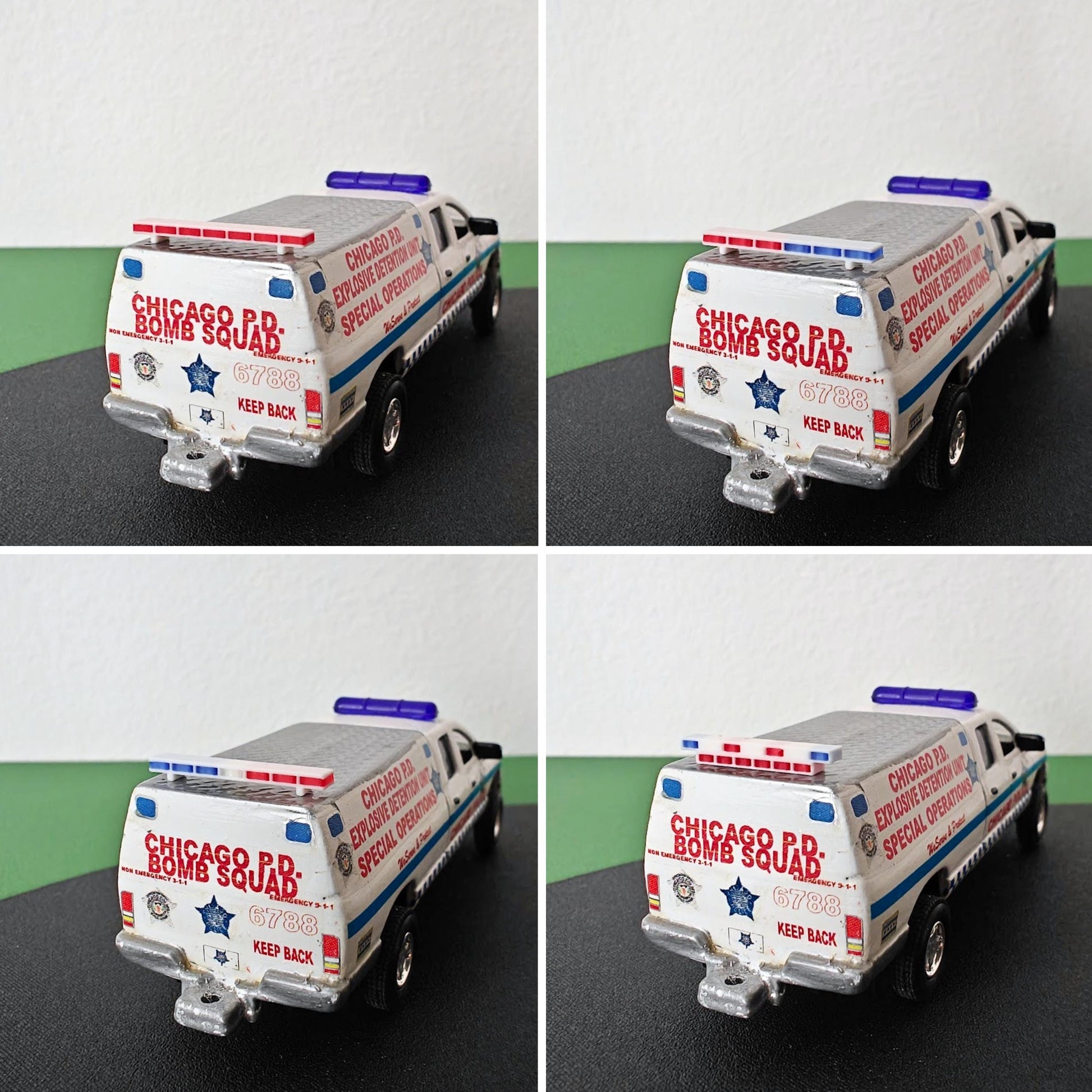 Four emergency roof light color variations displayed on a miniature police vehicle