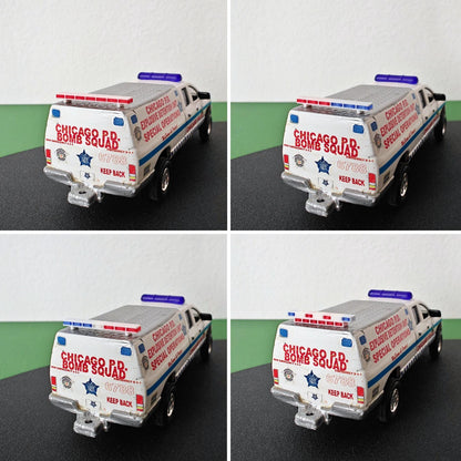 Four emergency roof light color variations displayed on a miniature police vehicle