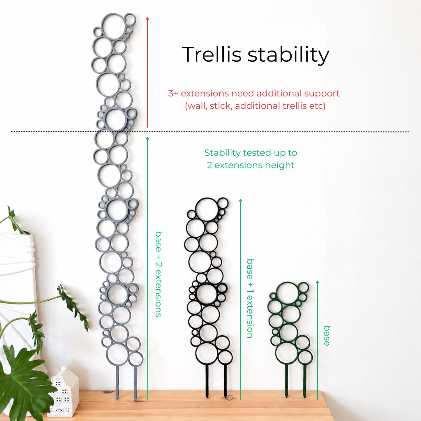 Infographic showing three 3D printed circular plant trellises in different heights, with guidance that stability is tested up to base plus two extensions, while three or more extensions need additional support such as a wall, stick, or another trellis.