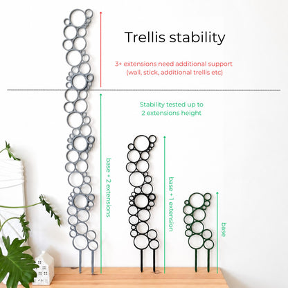 Infographic showing three 3D printed circular plant trellises in different heights, with guidance that stability is tested up to base plus two extensions, while three or more extensions need additional support such as a wall, stick, or another trellis.