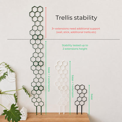 Infographic showing three 3D printed circular plant trellises in different heights, with guidance that stability is tested up to base plus two extensions, while three or more extensions need additional support such as a wall, stick, or another trellis.