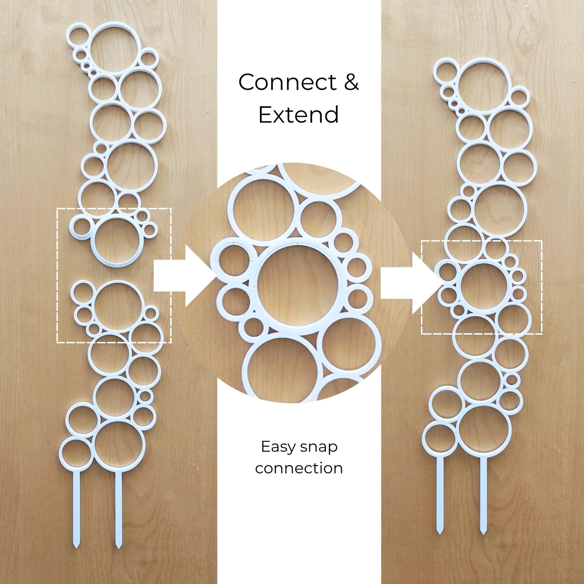 Extend the height smoothly while keeping the design visually continuous. Simply align the matching circular ends and click the sections together to build a taller plant support.