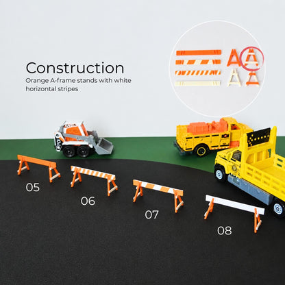 Orange and white construction barricades with striped road barriers for 1:64 scale dioramas