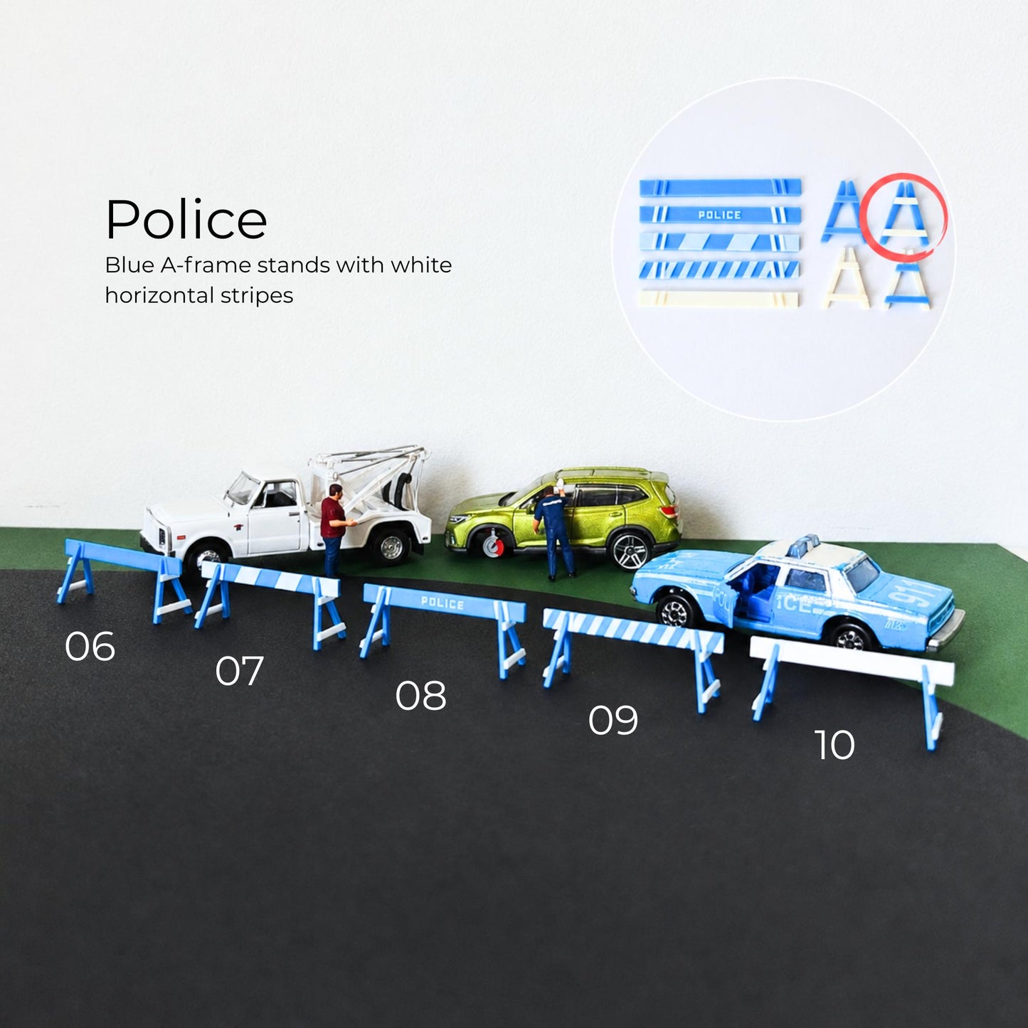 Police line roadblock barricades with blue and white horizontal striped barriers for 1:64 scale scenes