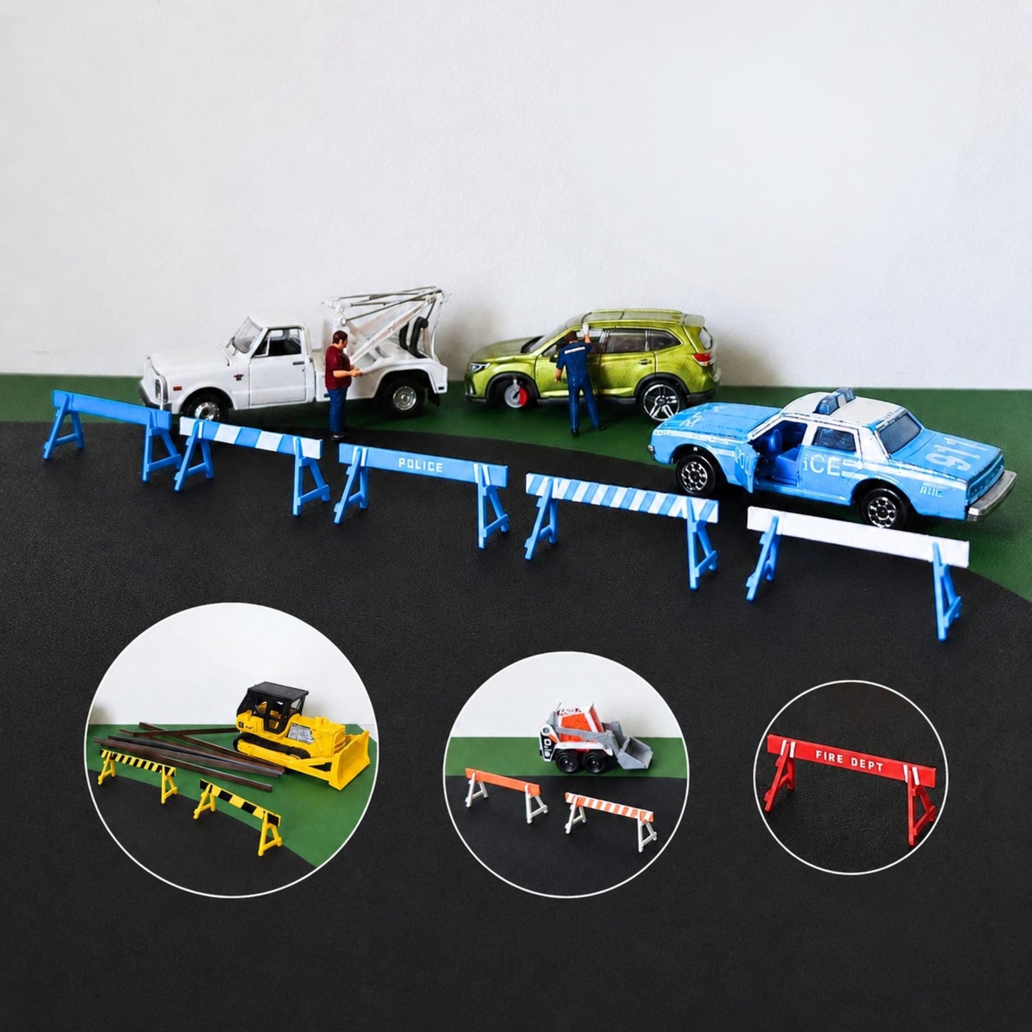 1:64 scale miniature road barricades in police, construction, railroad and fire department styles for diecast dioramas