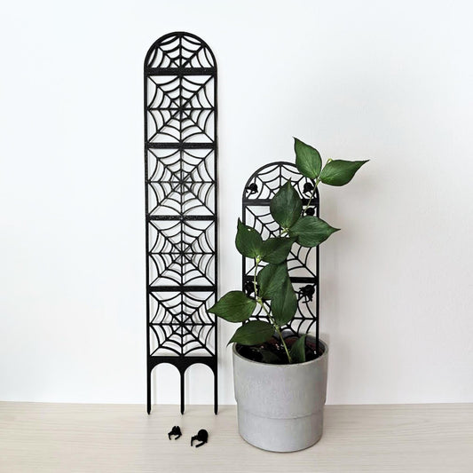Black spiderweb extendable modular plant trellis displayed with a potted climbing houseplant and spider clips.