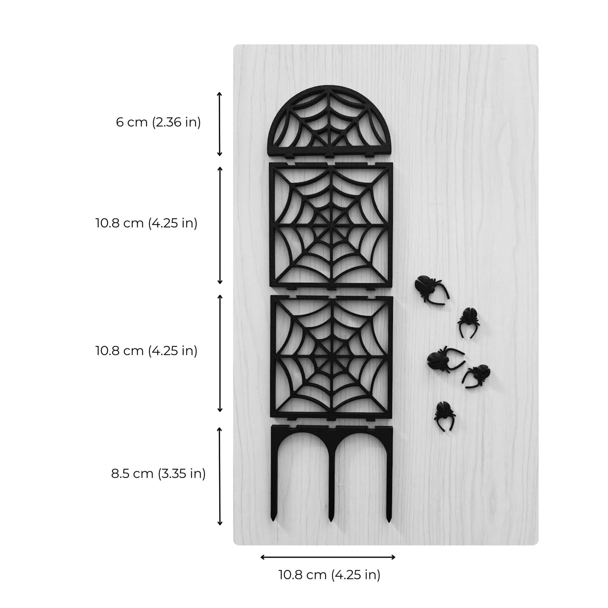 Spiderweb modular trellis part dimensions including top, panels, base, and width measurements.
