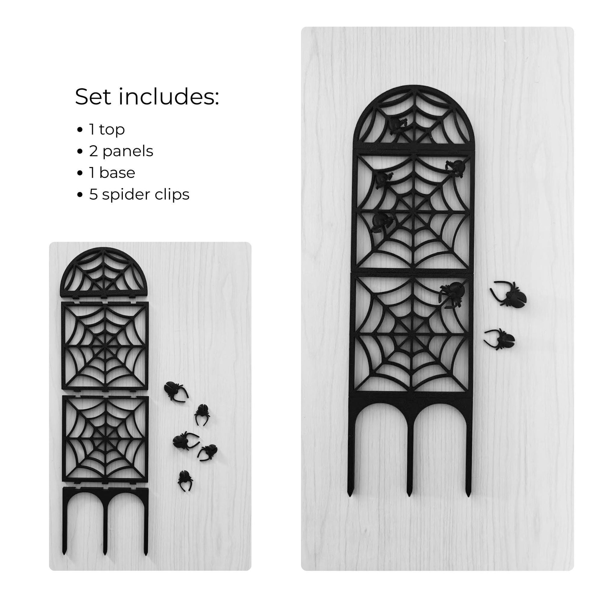 Set content for spiderweb trellis with one top, two panels, one base, and five spider clips.