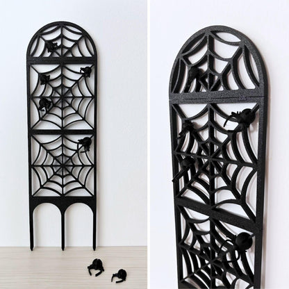 Black spiderweb plant trellis shown assembled with spider clips and detailed side view.