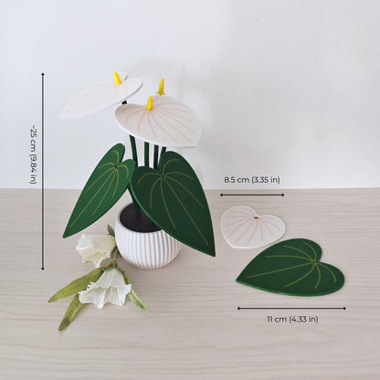 White Anthurium plant coaster set showing the assembled coaster plant dimensions, removable leaf coaster, stems and pot.