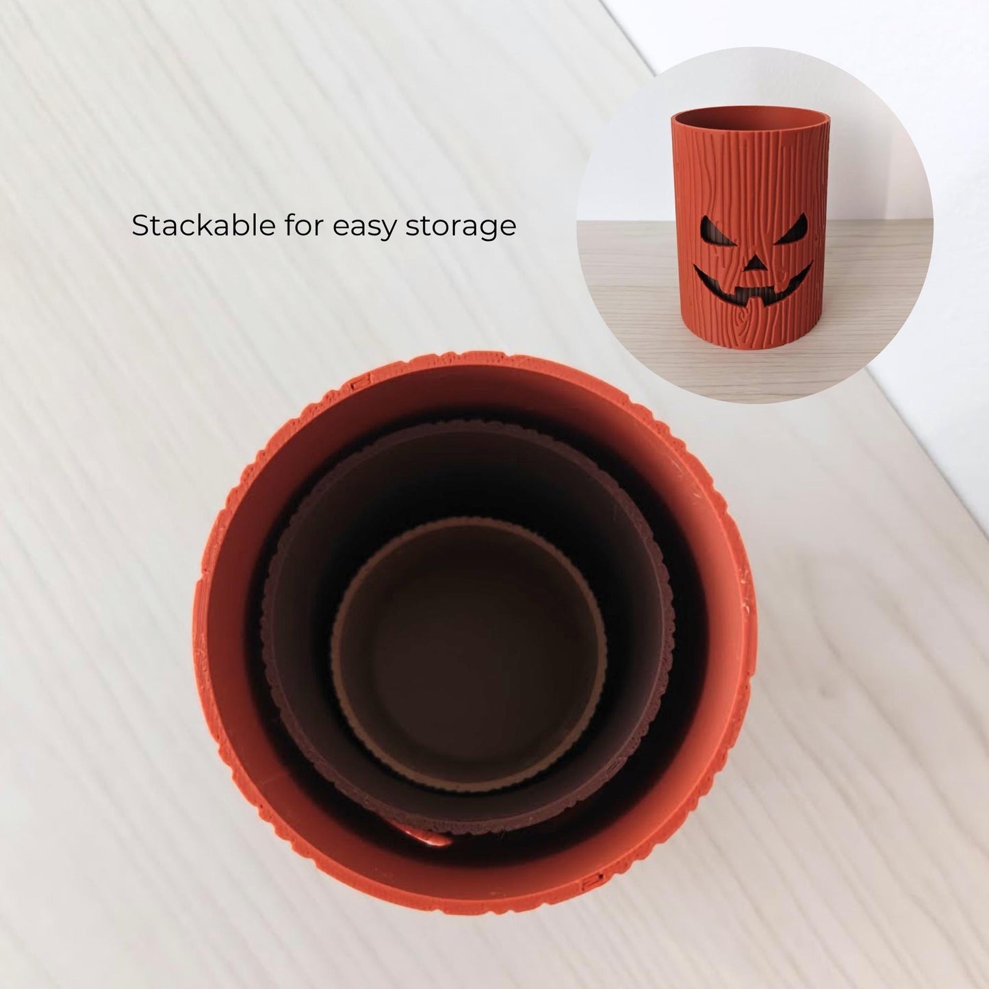 Stackable 3D printed Halloween tree stump pots for easy storage.