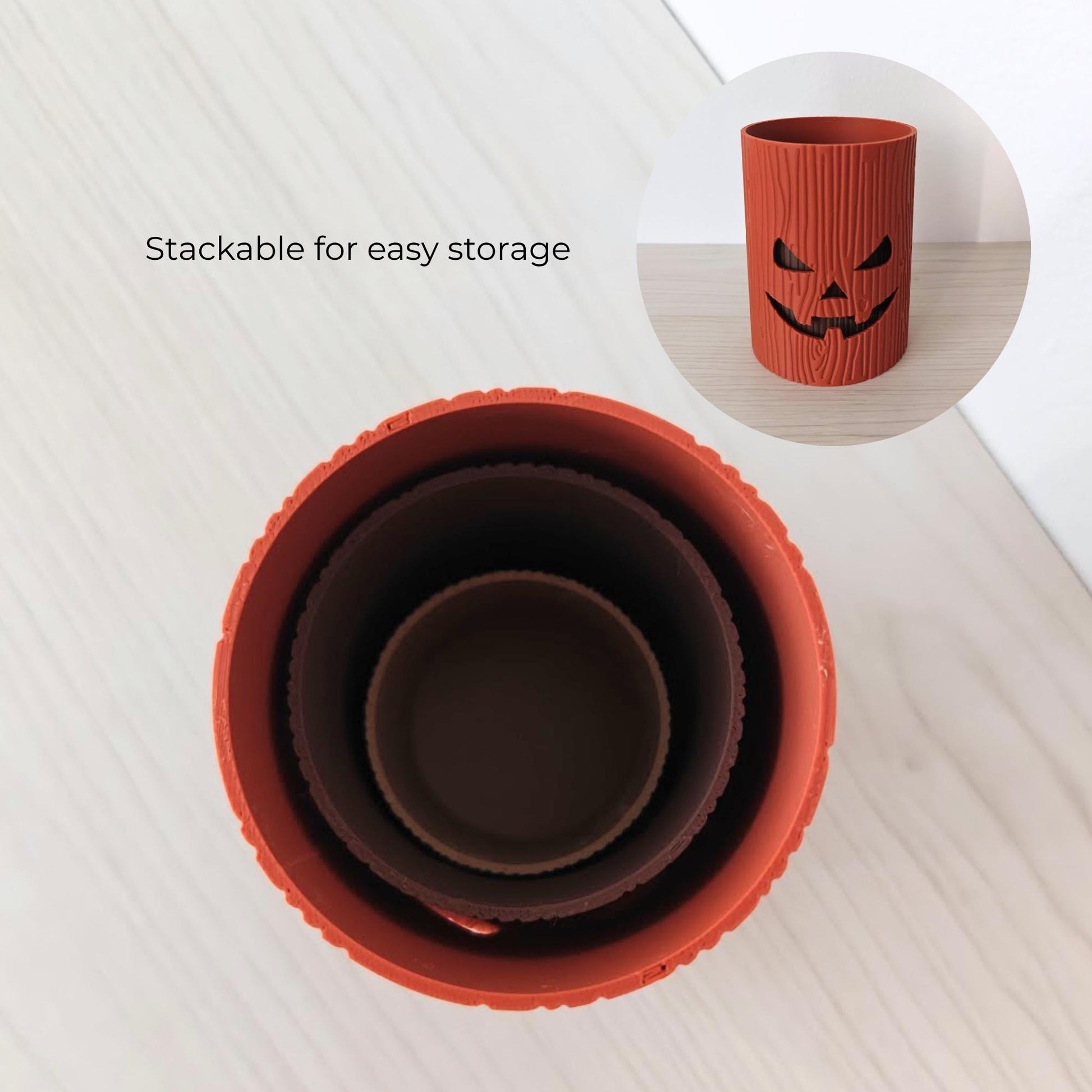Stackable 3D printed Halloween tree stump pots for easy storage.