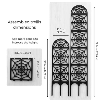 Assembled spiderweb trellis dimensions showing extendable height with additional panels.