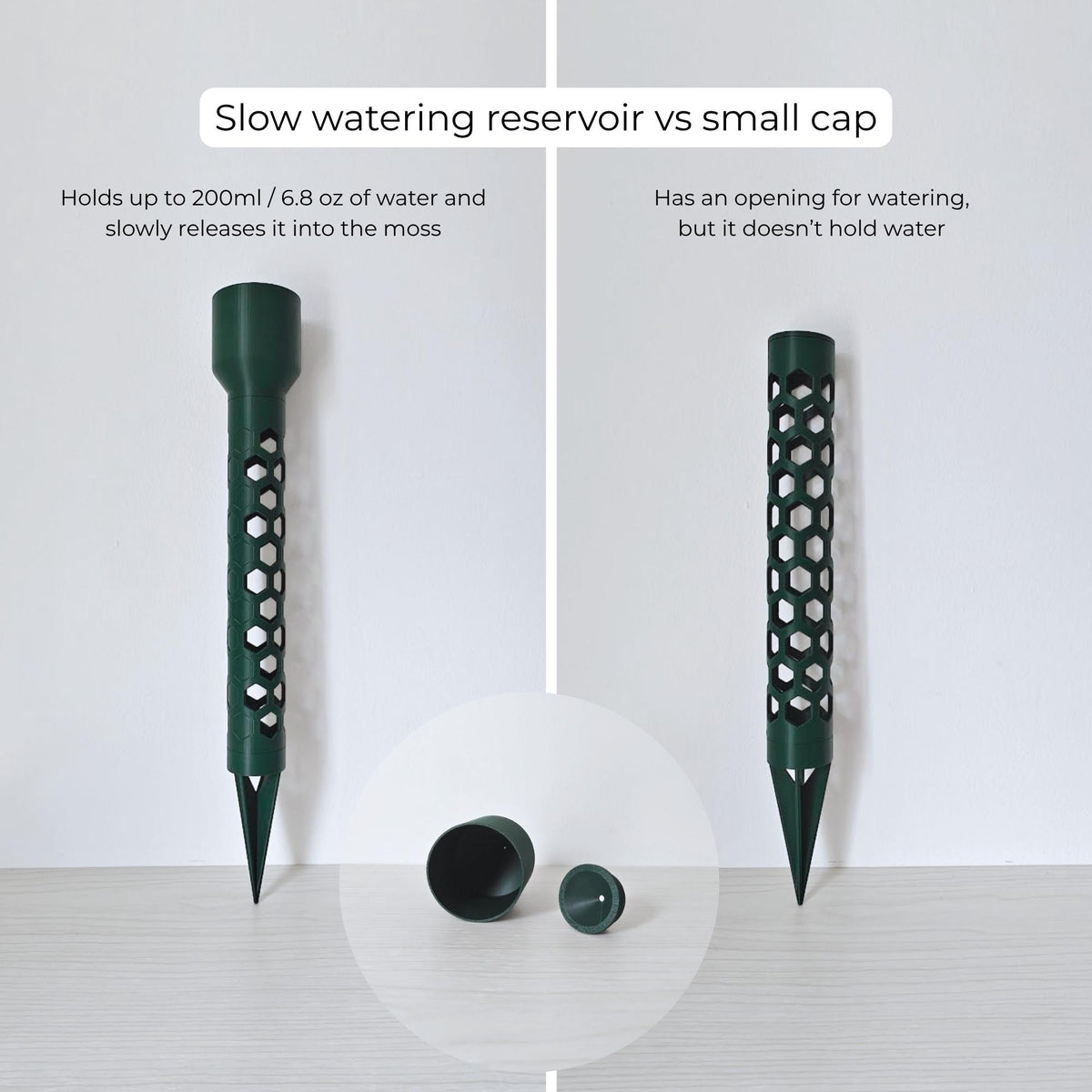 Comparison between slow-release watering reservoir and small cap, showing water-holding capacities.