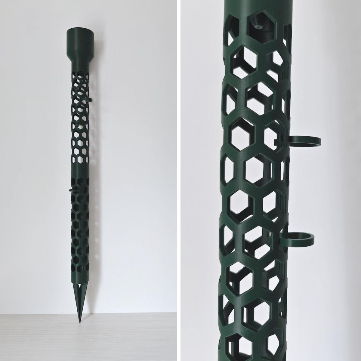 Close-up side view of dark green moss pole with hexagonal pattern, watering cap and clips attached.