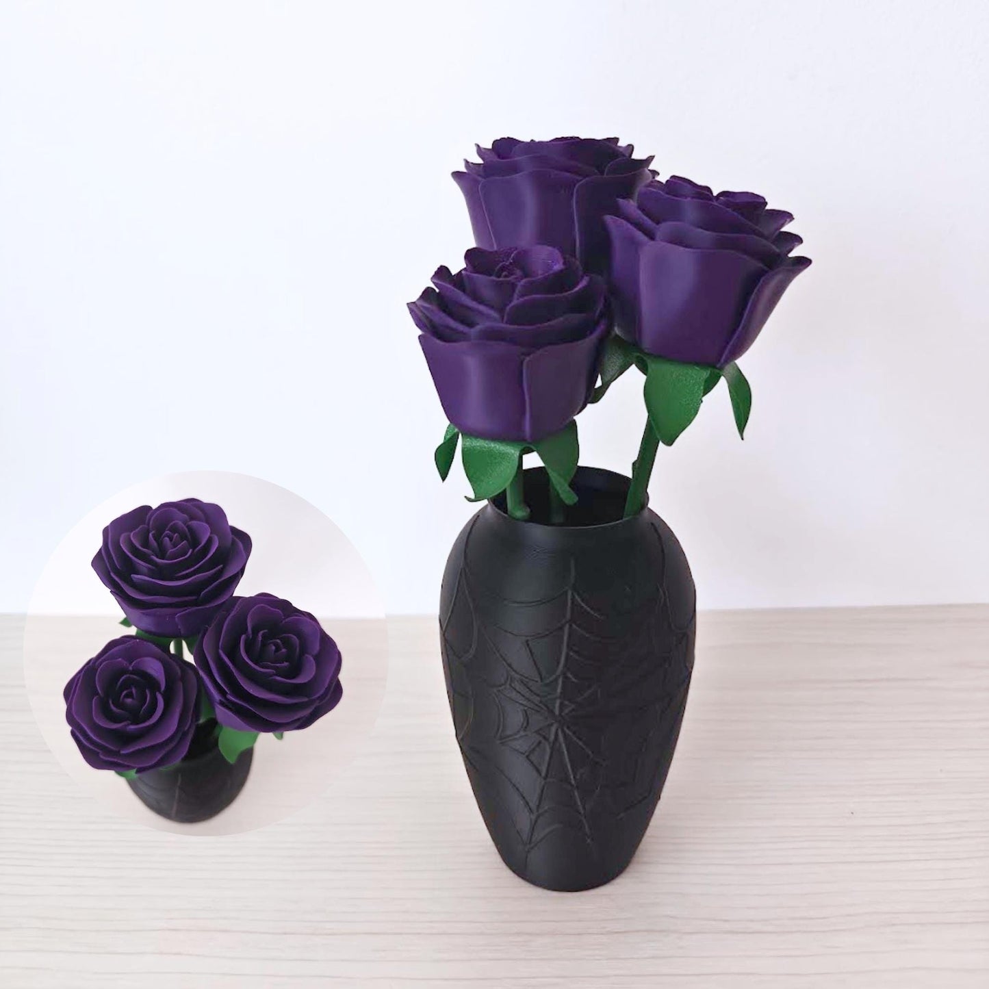 Black or Purple Rose Bouquet with Spiderweb Vase, Gothic Home Decor, Witchy Halloween Decoration, 3d Printed