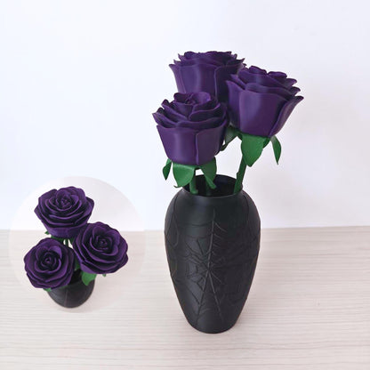 Black or Purple Rose Bouquet with Spiderweb Vase, Gothic Home Decor, Witchy Halloween Decoration, 3d Printed