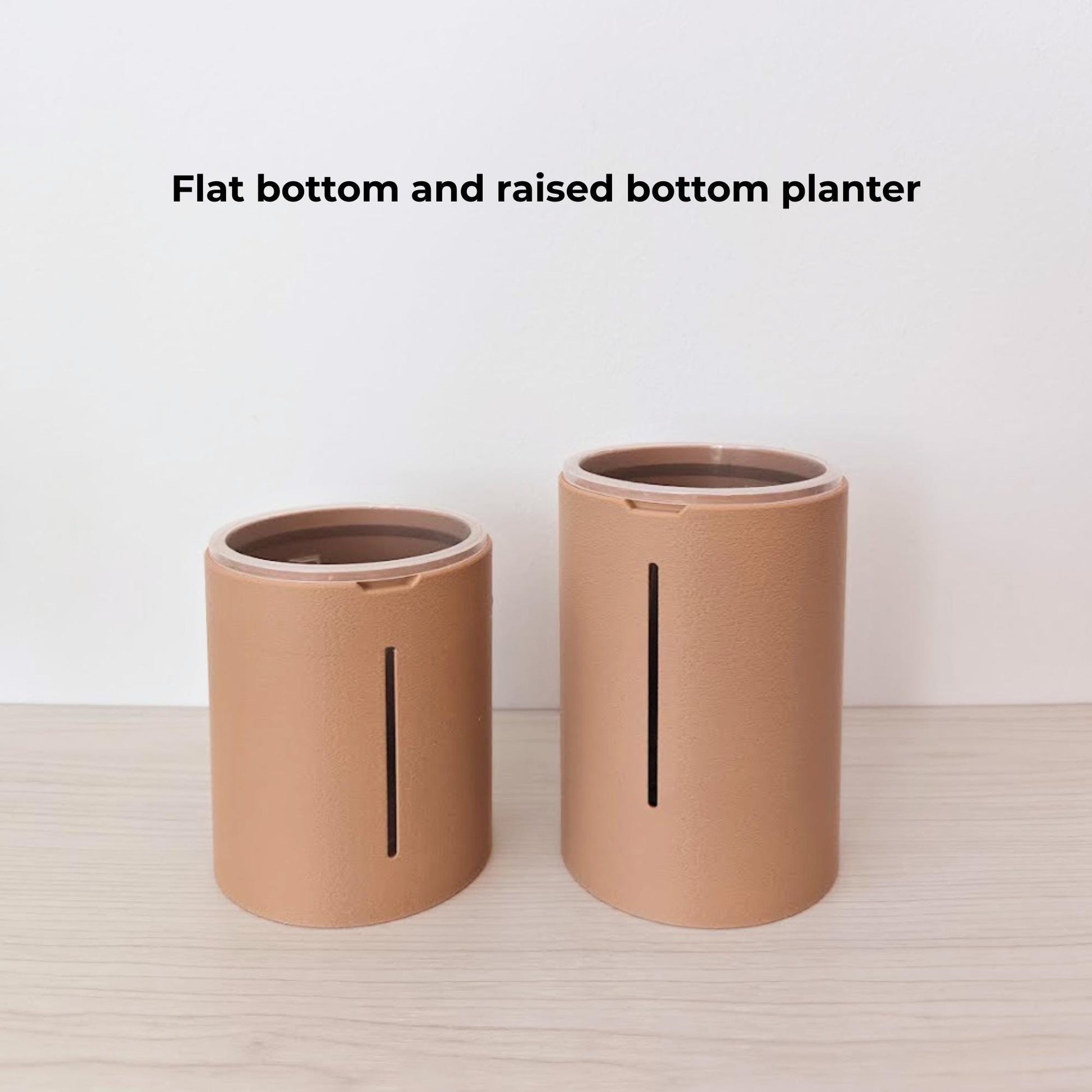 Two terracotta planters comparing the compact flat-bottom version with the taller raised self-watering reservoir version.
