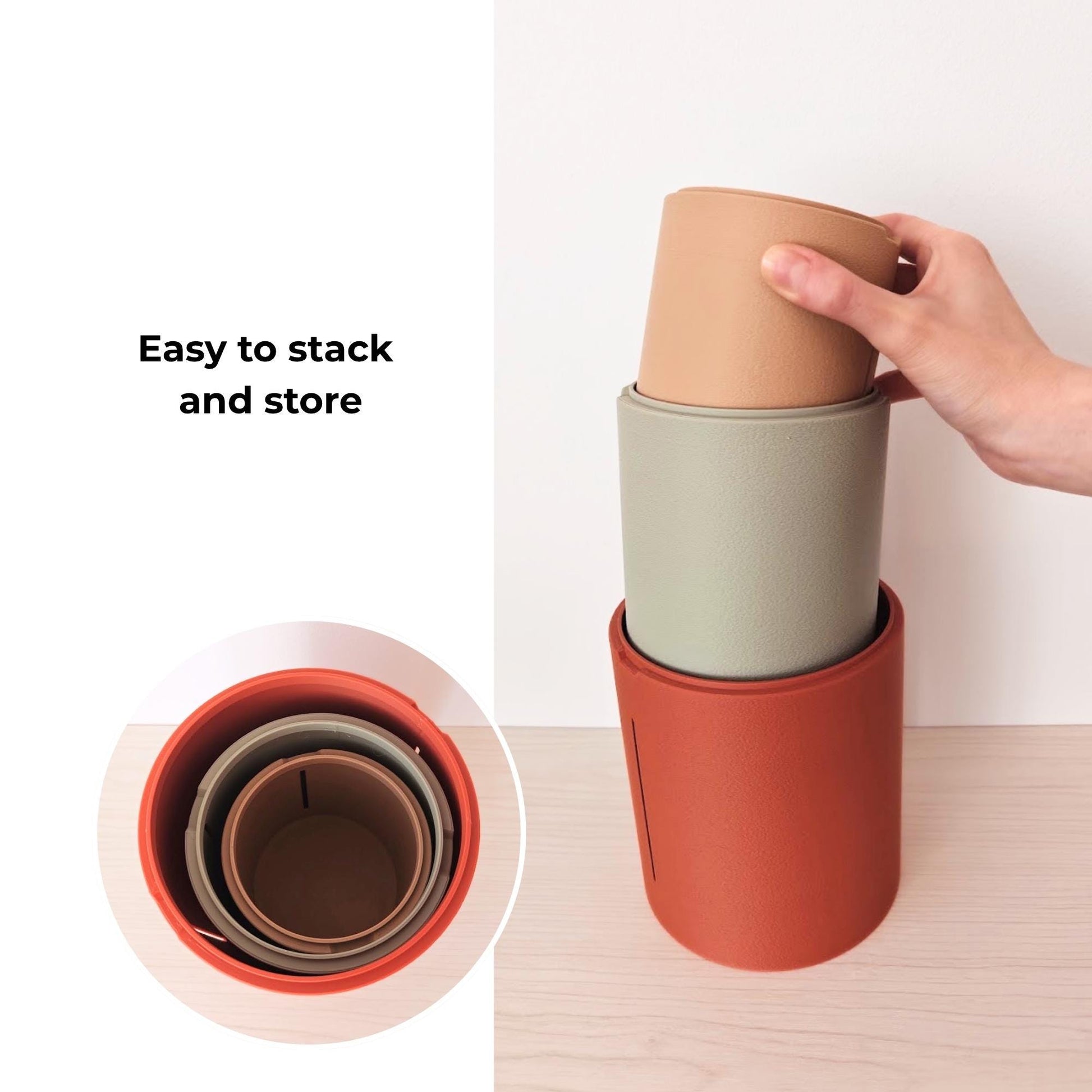 Hand stacking terracotta, sage green and red planters, with a top-view inset showing how they nest for compact storage.
