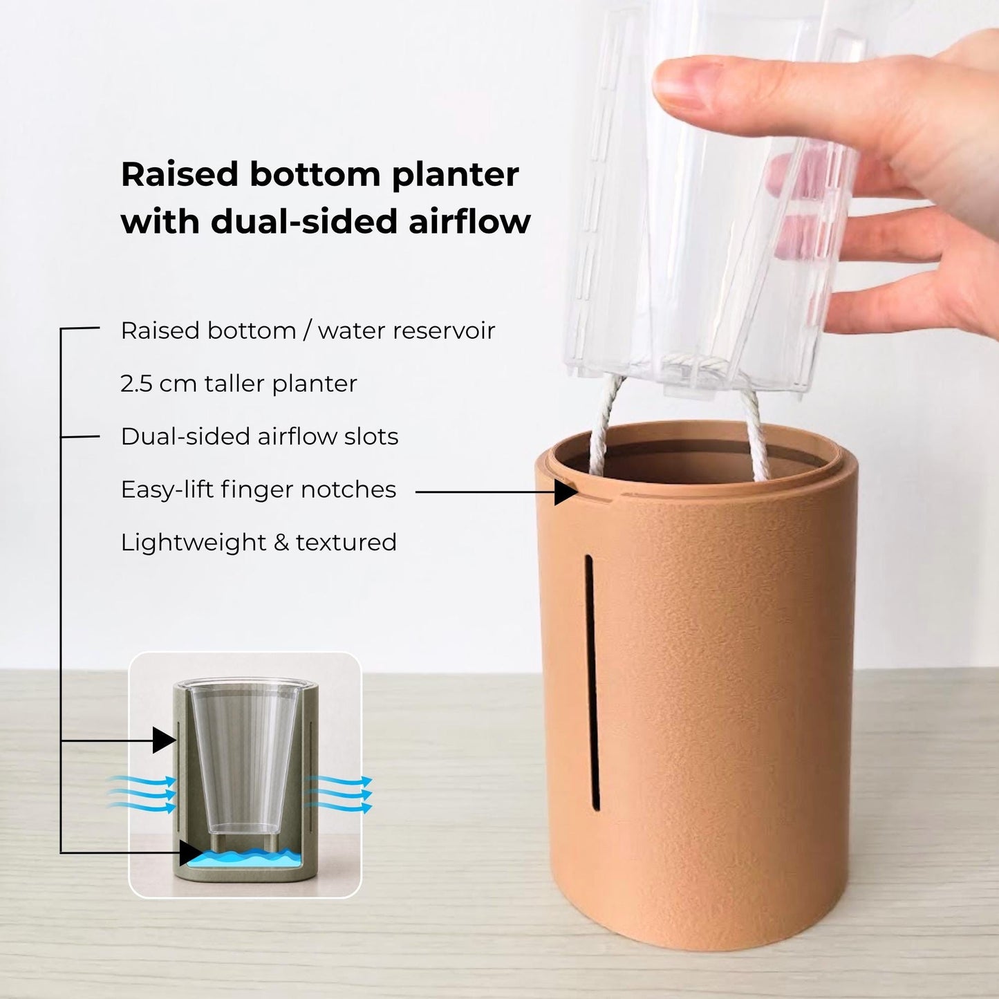 Terracotta raised-base planter with airflow openings, clear nursery pot and infographic explaining the reservoir, added height and finger notches.
