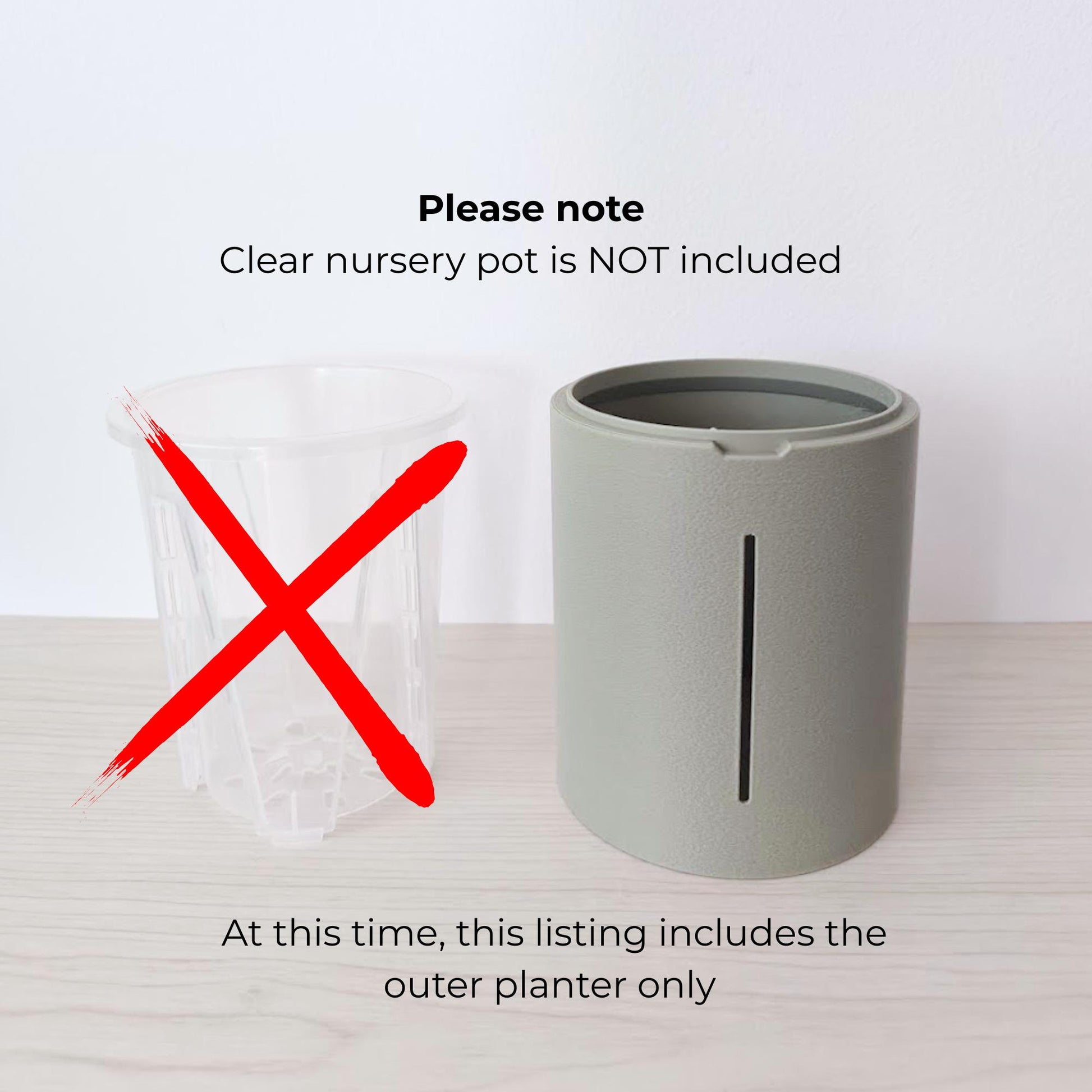 Clear nursery pot crossed out beside a sage outer planter, explaining that the listing currently includes the outer planter only.