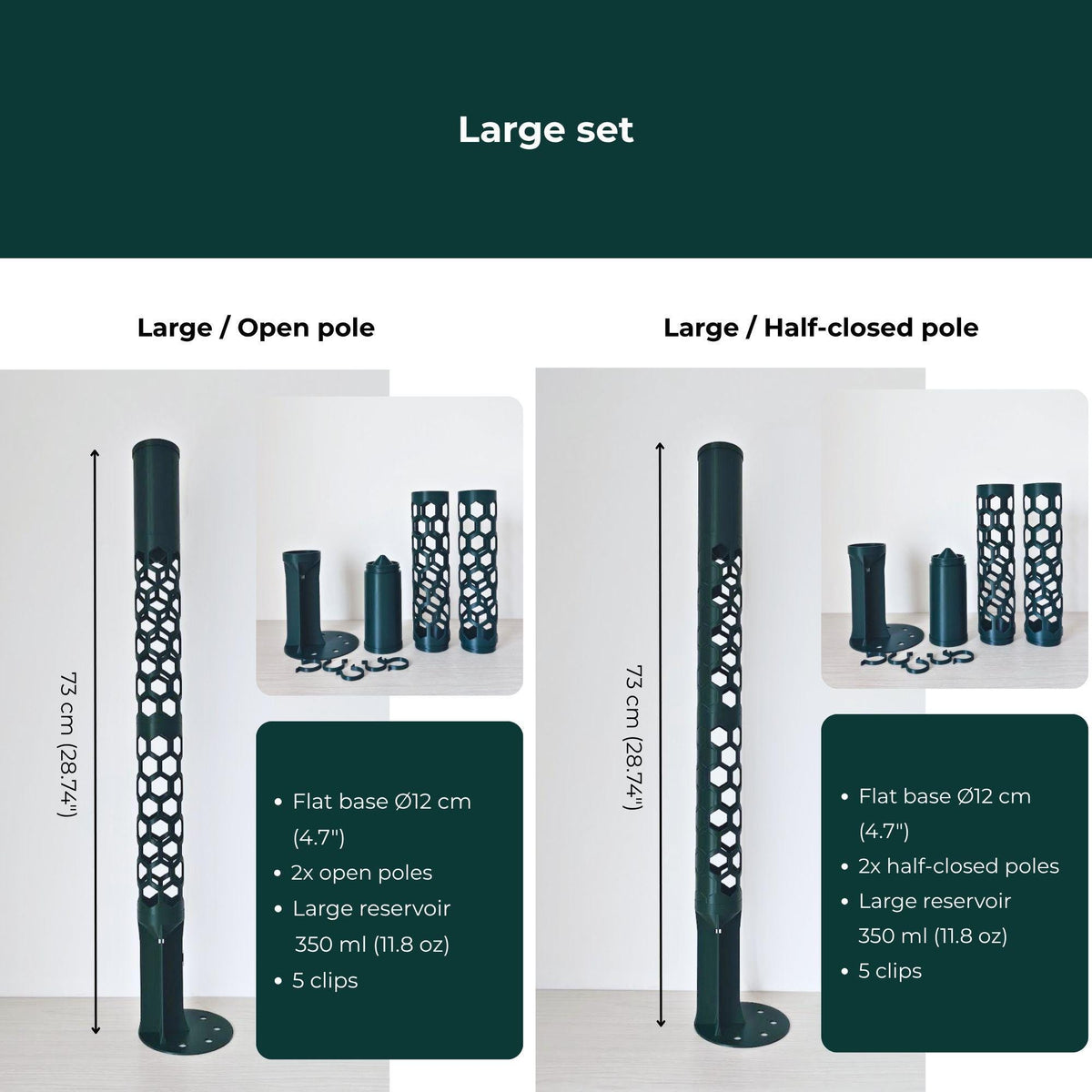 Large moss pole sets with open or half-closed sections, 12 cm flat base, large watering reservoir and five plant clips.