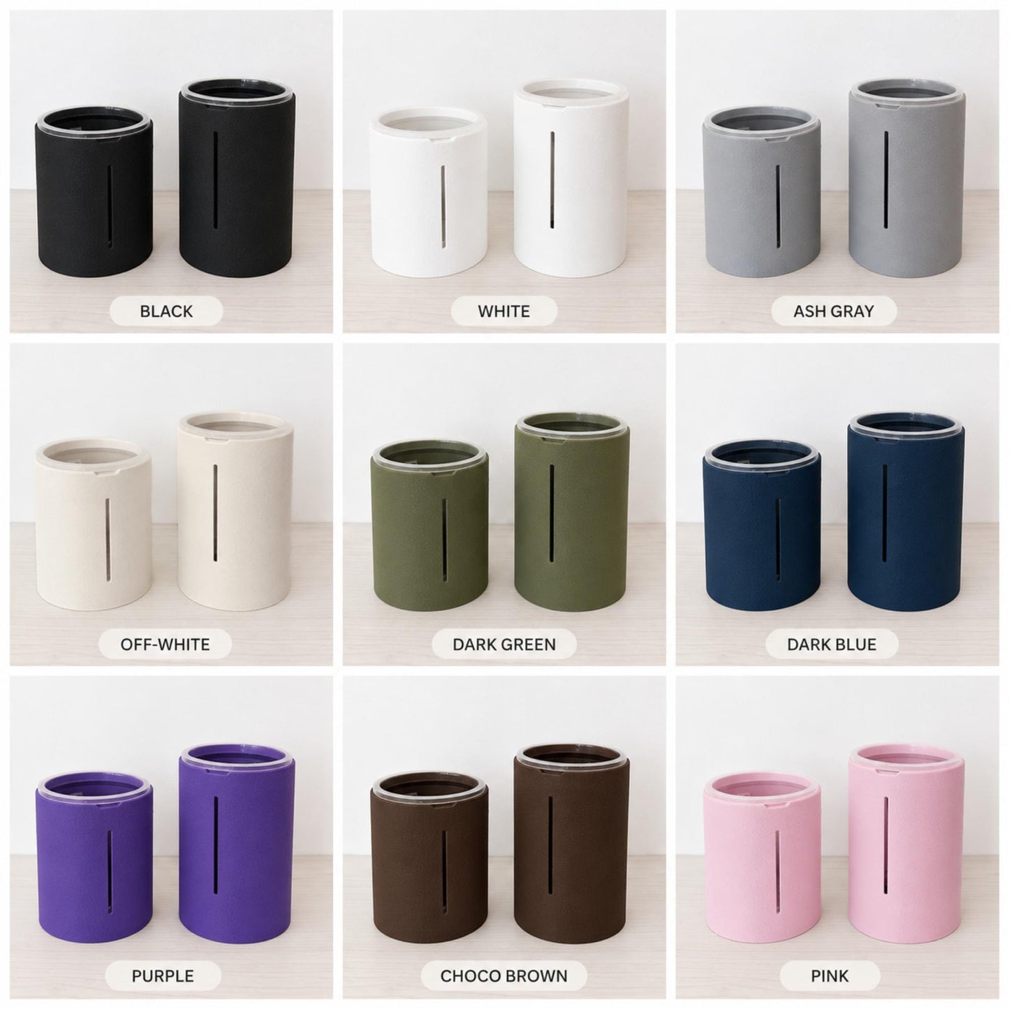 Color grid showing short and tall planters in black, white, ash gray, off-white, dark green, dark blue, purple, choco brown and pink.