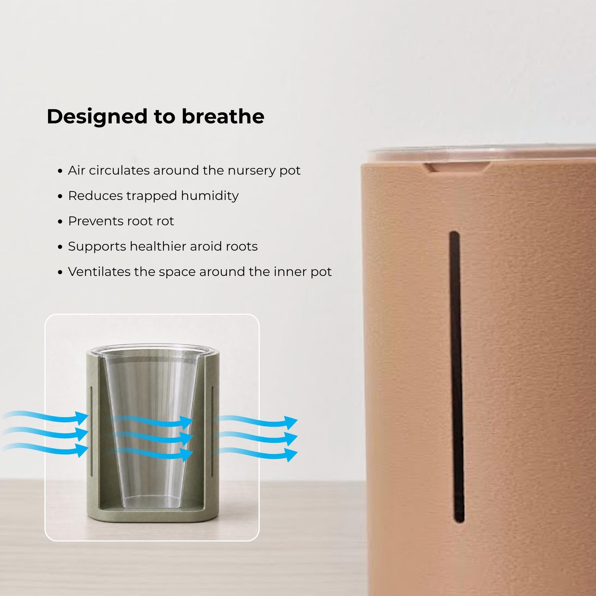 Airflow infographic showing vertical openings and air circulation around a tall nursery pot to reduce trapped humidity and excess moisture.