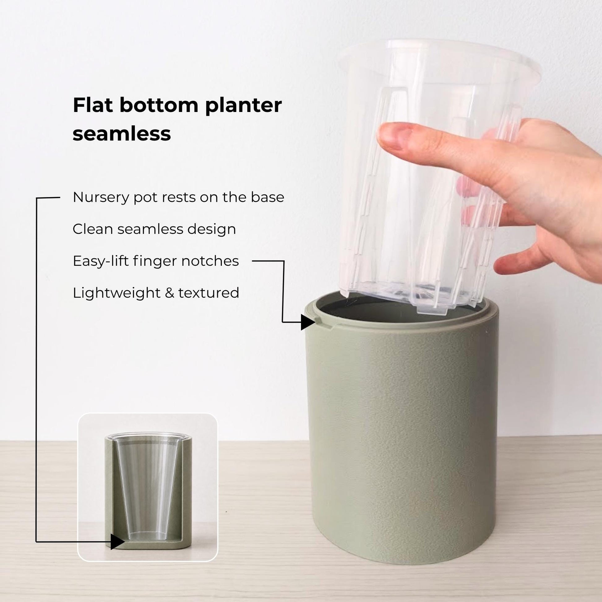 Sage flat-bottom planter with seamless solid sides and a clear nursery pot resting directly on the solid base.