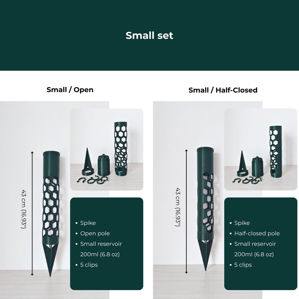 Small moss pole sets with open or half-closed pole sections, spike base, small watering reservoir and five plant clips.